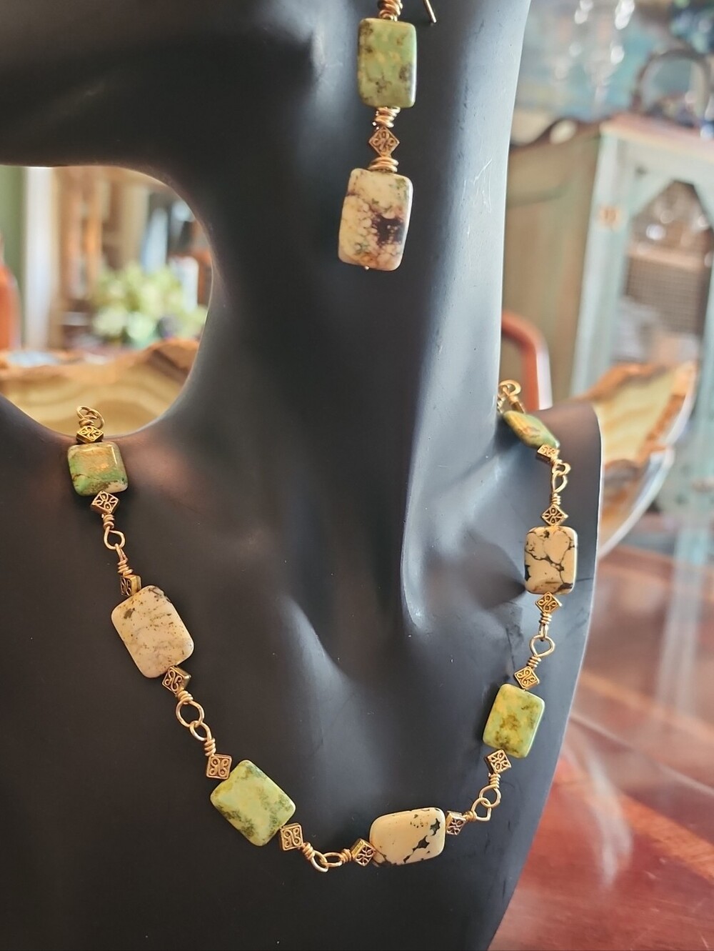 Handmade Green Chrysoprase and Cream Ocean Jasper Necklace and Earring Set